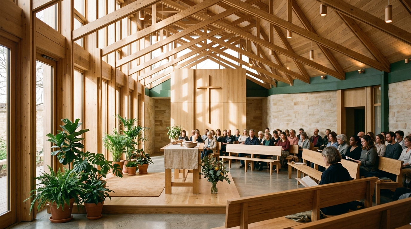 Warm, contemporary progressive sanctuary filled with natural light, timber rafters, and welcoming community